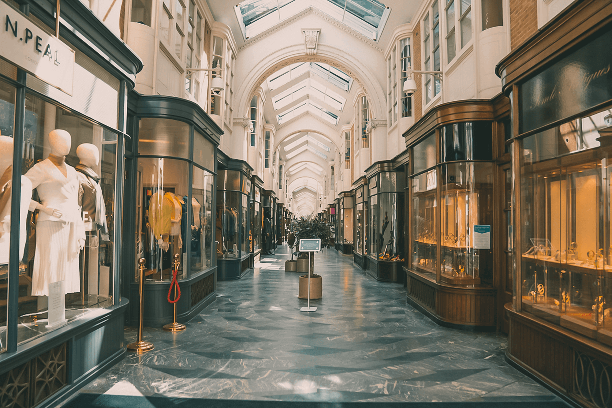 View of shops inside Burlington Arcade in Mayfair, London